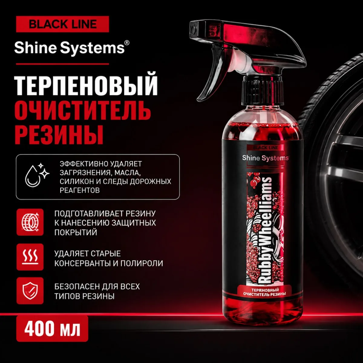 Терпеновый очиститель резины - Shine Systems Black Line RubbyWheelliams 400мл.